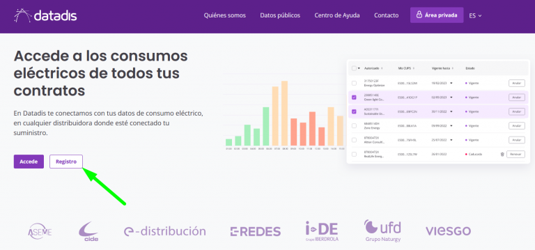 Portada principal Datadis y registro de nuevo usuario